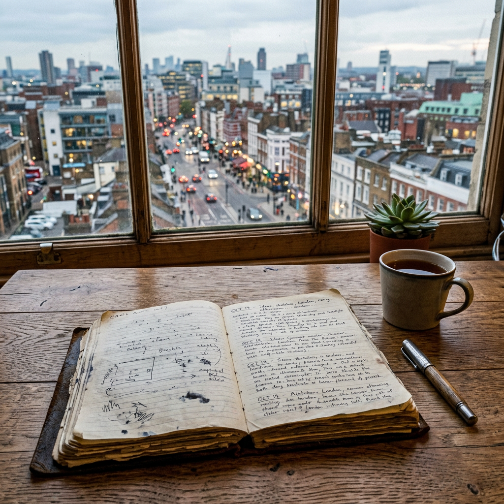 Open handwritten journal with pen and cup of tea on wooden table by window overlooking city street at dusk