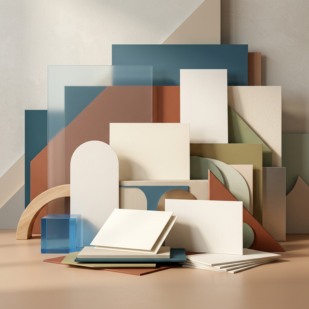Abstract geometric arrangement of books, blocks, arches, and translucent shapes