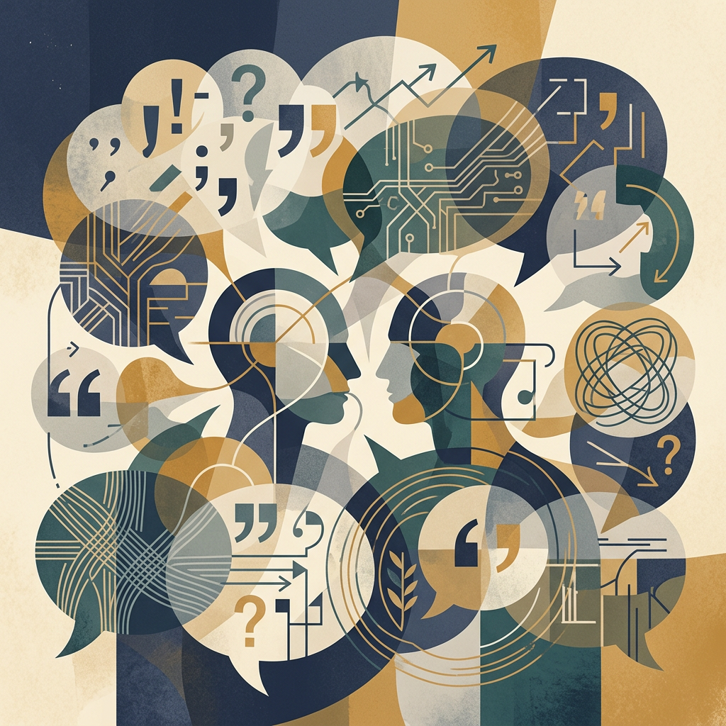 Abstract illustration of speech bubbles, human profiles, circuitry, and communication symbols