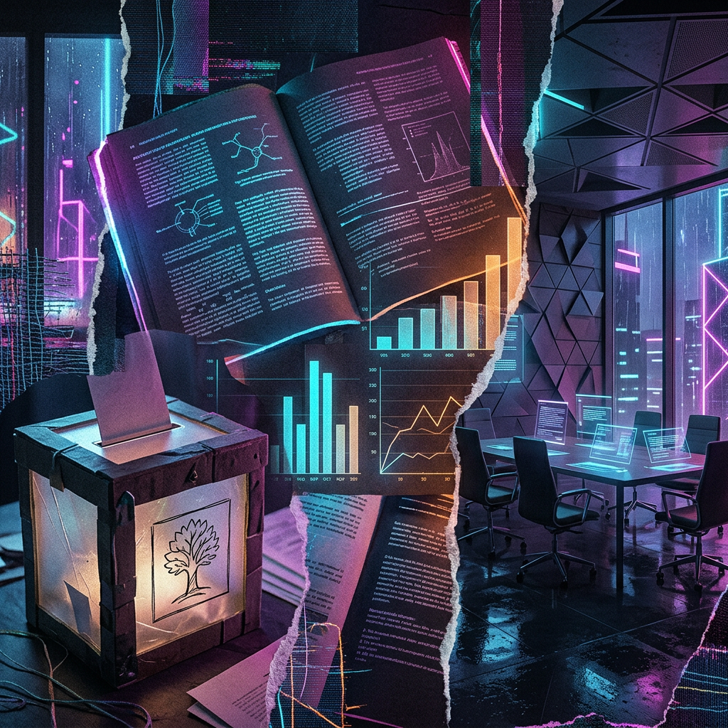 Open technical book, analytics charts, and neon-lit data control room