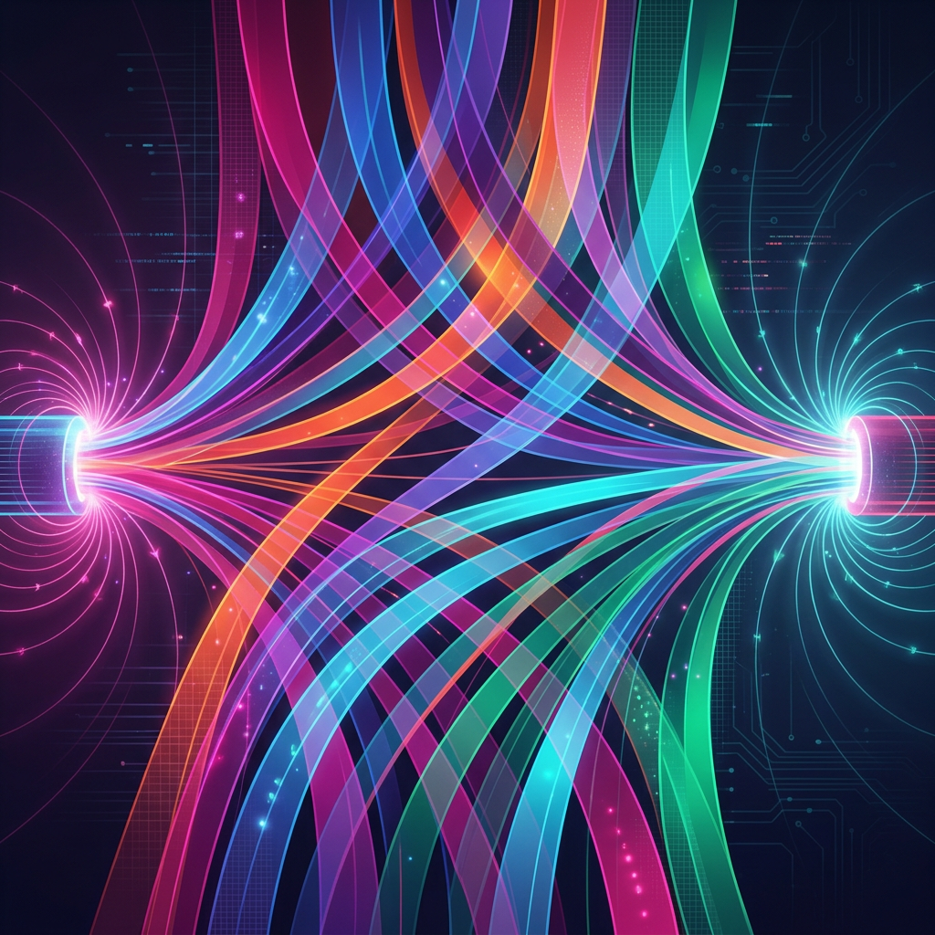 Colorful neon streams crossing between two glowing network nodes