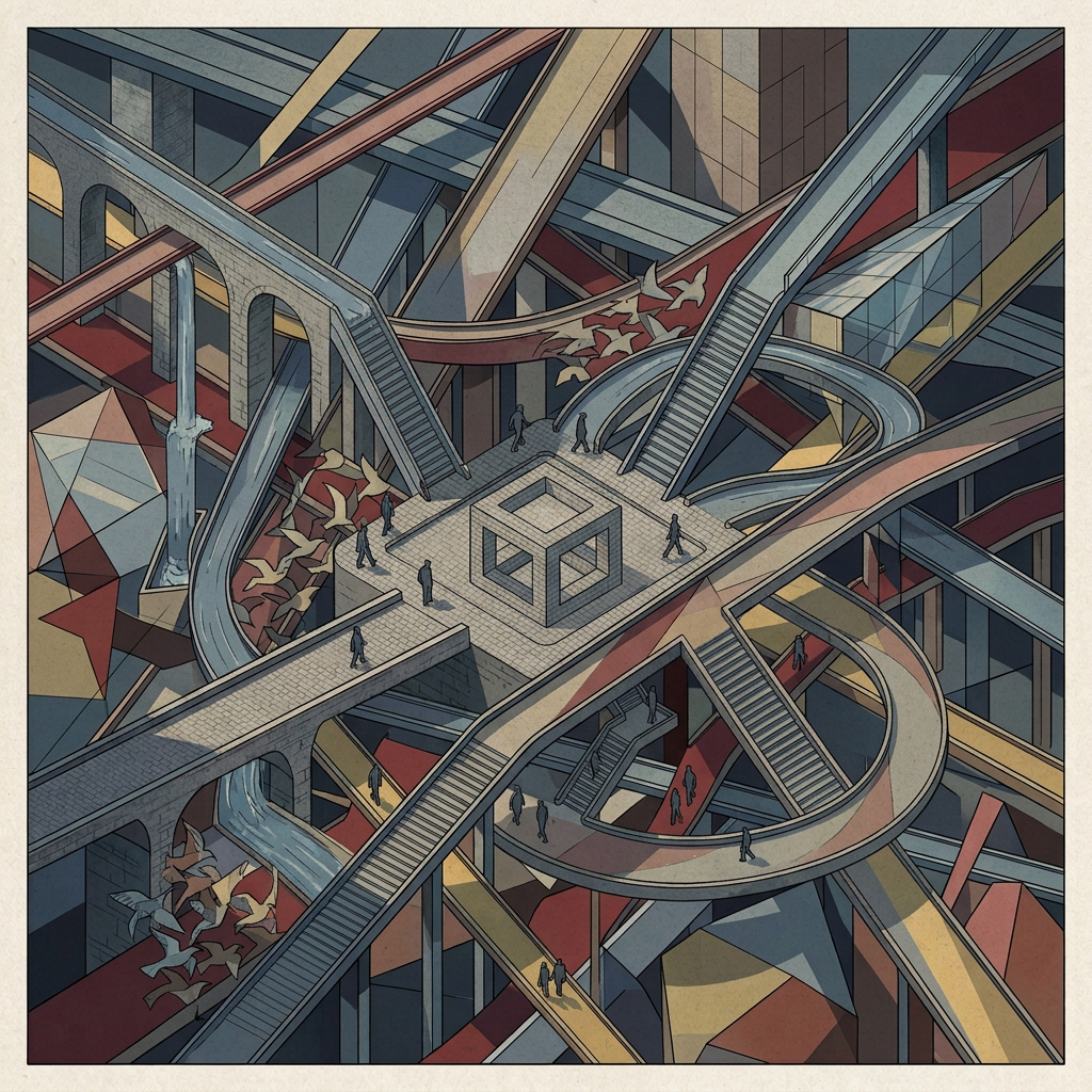 Abstract architectural maze of intersecting escalators, bridges, and walkways