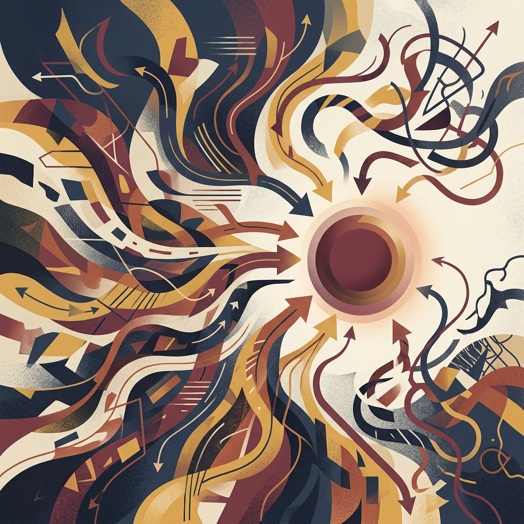 Abstract arrows and ribbons converging around a central glowing circle