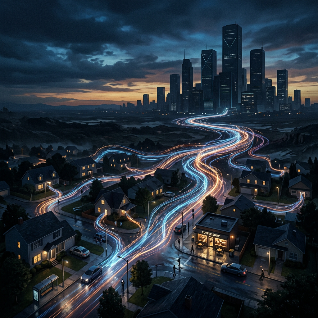Glowing traffic trails connect homes to a futuristic skyline; COFFEE SHOP sign visible