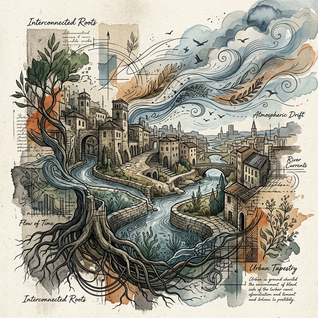 Illustrated city and waterways labeled “Interconnected Roots,” “Atmospheric Drift,” “River Currents,” “Flow of Time,” and “Urban Tapestry”