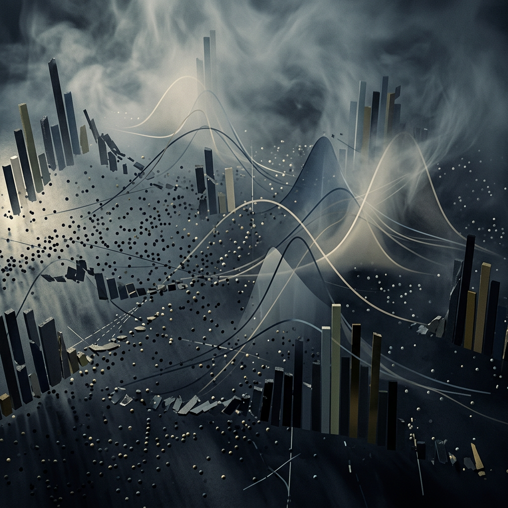 Abstract dark data landscape with waves, particles, and vertical bars